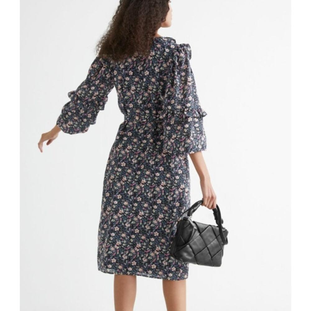 & Other Stories Black Floral Ruffle Wrap Midi Dress M NWT Viscose V Neck Tiered - Picture 2 of 8